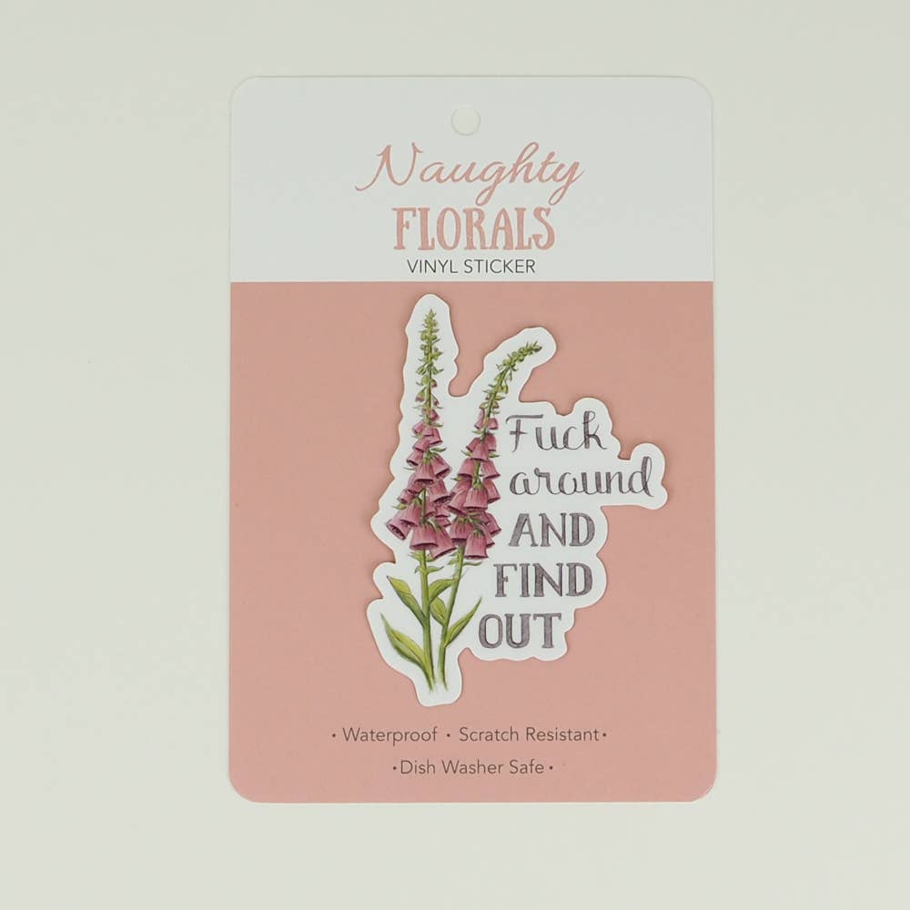 Vinyl sticker with floral design and text on a pink card labeled 'Naughty Florals'.